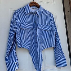 Zara Blue and White Striped Button-Up Top